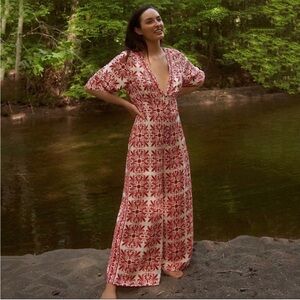 Anthropologie Farm Rio Carmina Linen Blend Red White
Button Front Jumpsuit